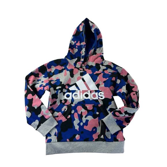 Adidas Boys Size Small (8) Pullover Blue/Pink/Grey Heather Camo Hoodie Youth - Picture 1 of 2